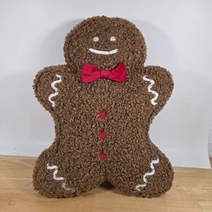 Gingerbread Man Plush Throw Pillow with Red Bow Tie